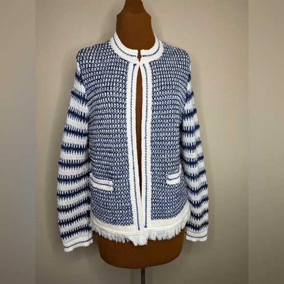 Talbots Mixed Knit Open Front Sweater Fringed Hem and Pockets Size Medium - Picture 2 of 10